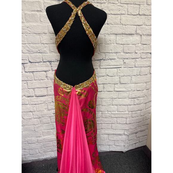 Mac Duggal Prom Hot Pink Gold Beaded Cut Out Open Back Formal Dress SZ 10 NWT - Picture 4 of 7